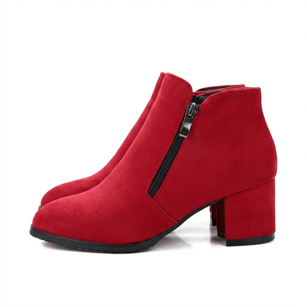 Bottine rouge Daim Synthétique Femme - Talon carré