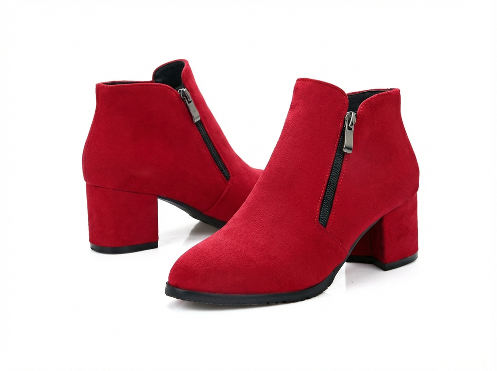 Bottine rouge Daim Synthétique Femme - Talon carré