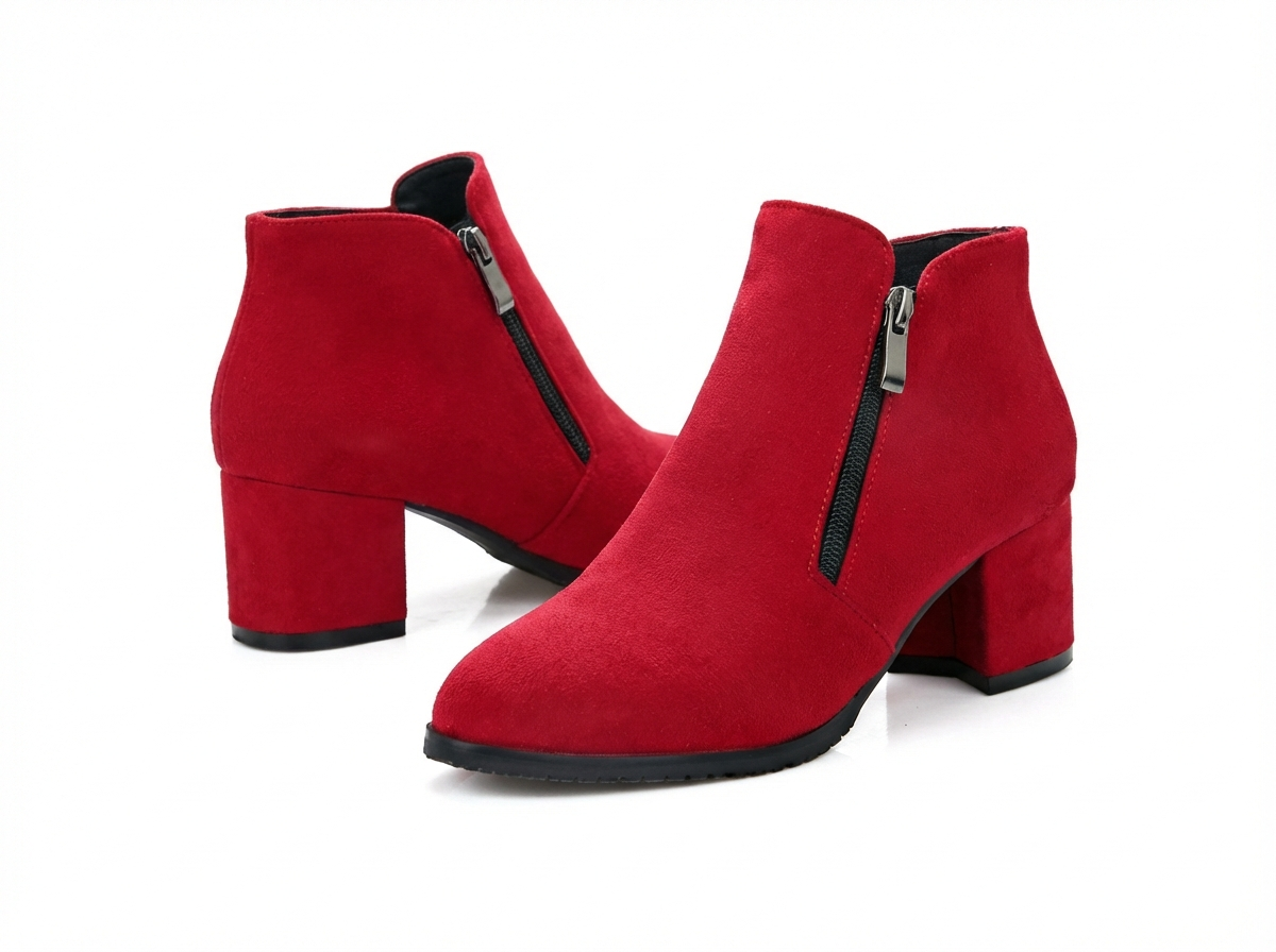 Bottine rouge Daim Synthétique Femme - Talon carré