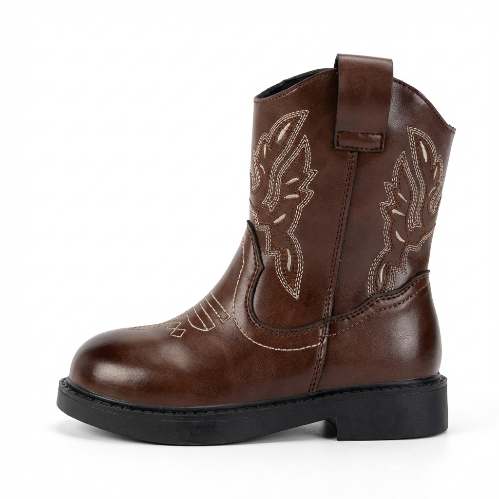Santiag mi-haute marron Simili Cuir Fille - Broderies florales, semelle contrastée