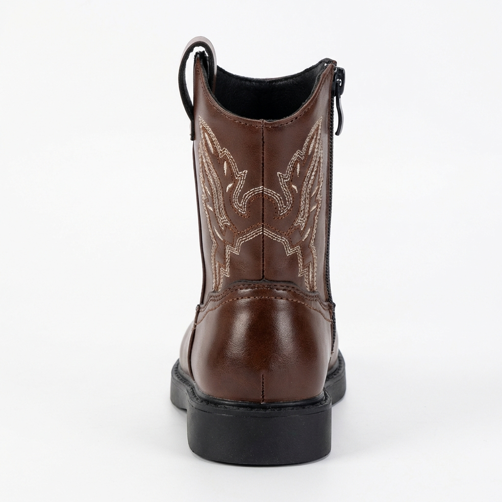Santiag mi-haute marron Simili Cuir Fille - Broderies florales, semelle contrastée