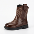 Santiag mi-haute marron Simili Cuir Fille - Broderies florales, semelle contrastée