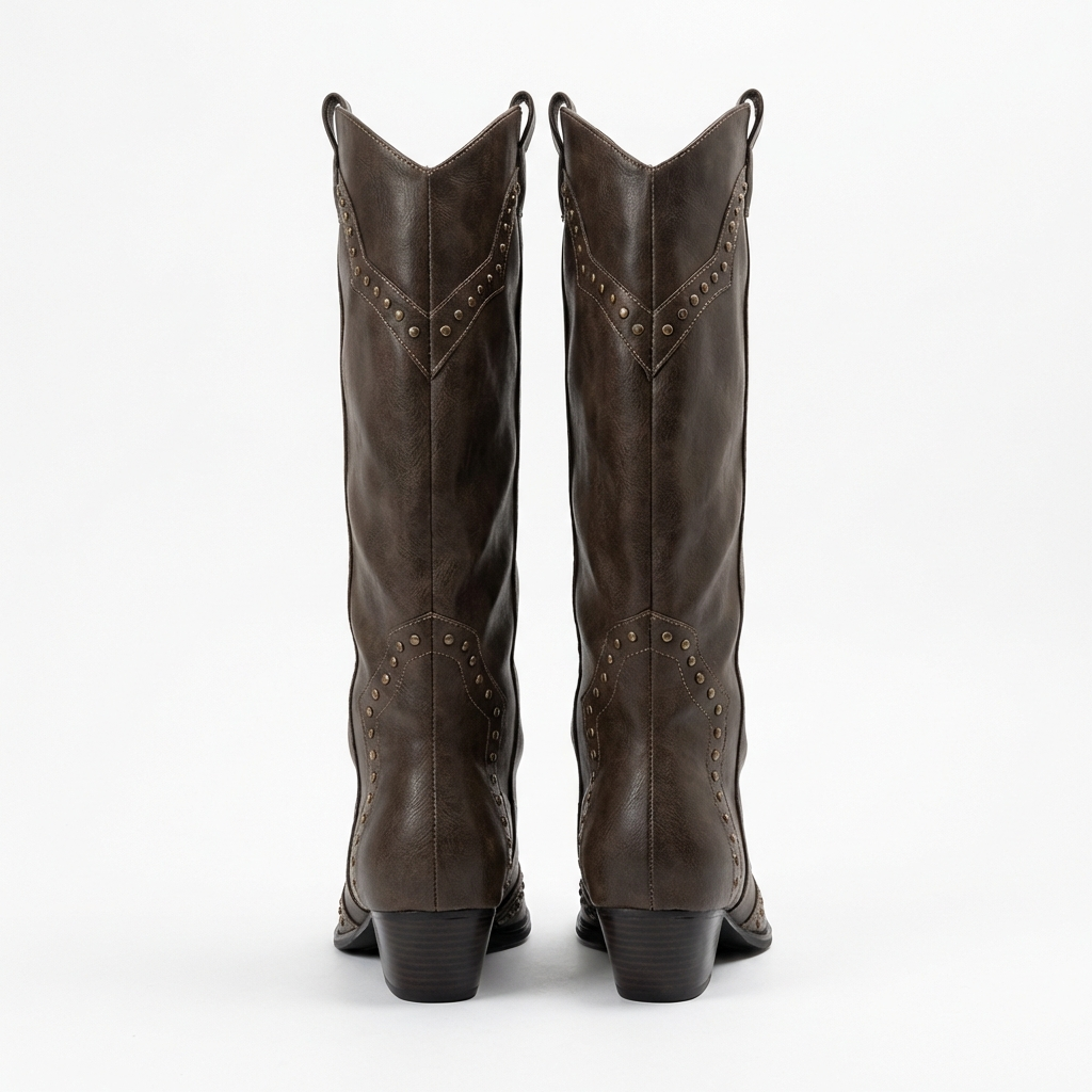 Santiag haute marron foncé Simili Cuir Femme - Clous géométriques