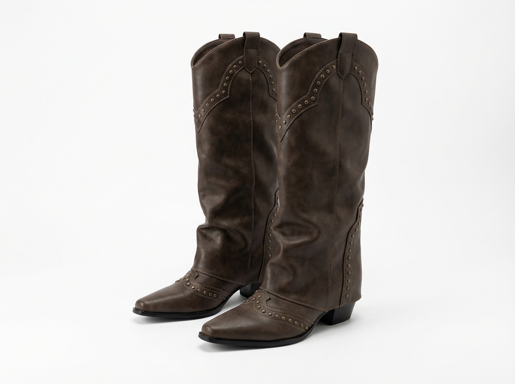 Santiag haute marron foncé Simili Cuir Femme - Clous géométriques