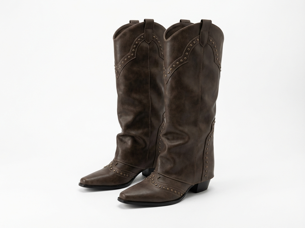 Santiag haute marron foncé Simili Cuir Femme - Clous géométriques