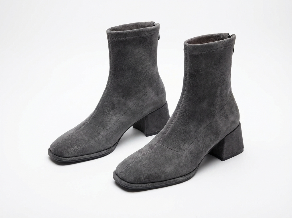 Bottine à talon gris Daim Synthétique Femme - Bout carré
