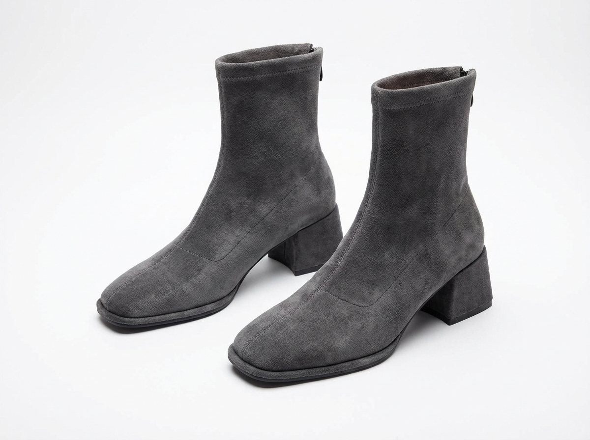 Bottine à talon gris Daim Synthétique Femme - Bout carré