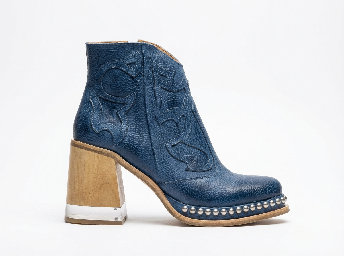 Santiag basse bleu Simili Cuir Femme - Bout arrondi, talon bloc