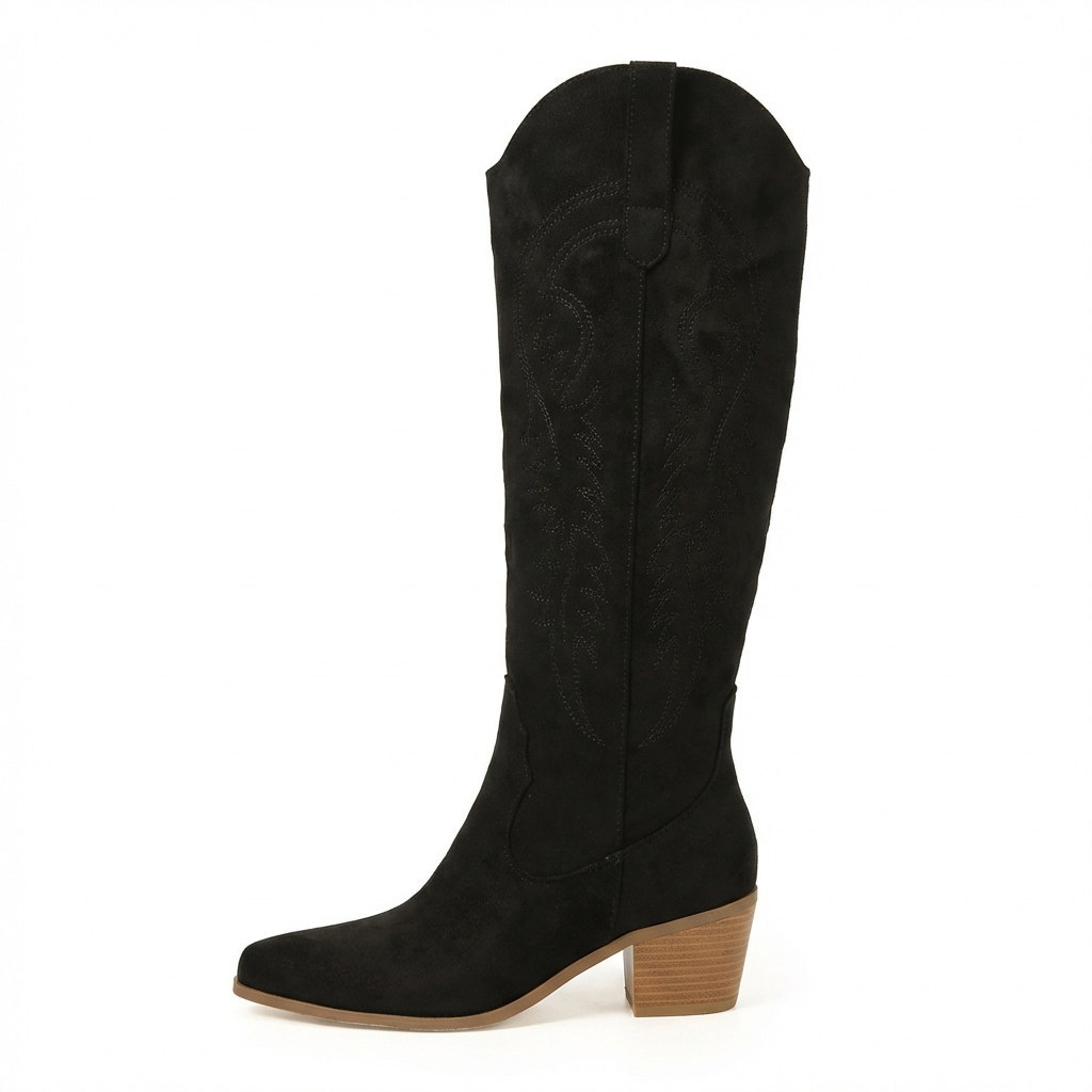 Santiag mi-haute noir Daim Synthétique Femme - Broderies western, talon compensé