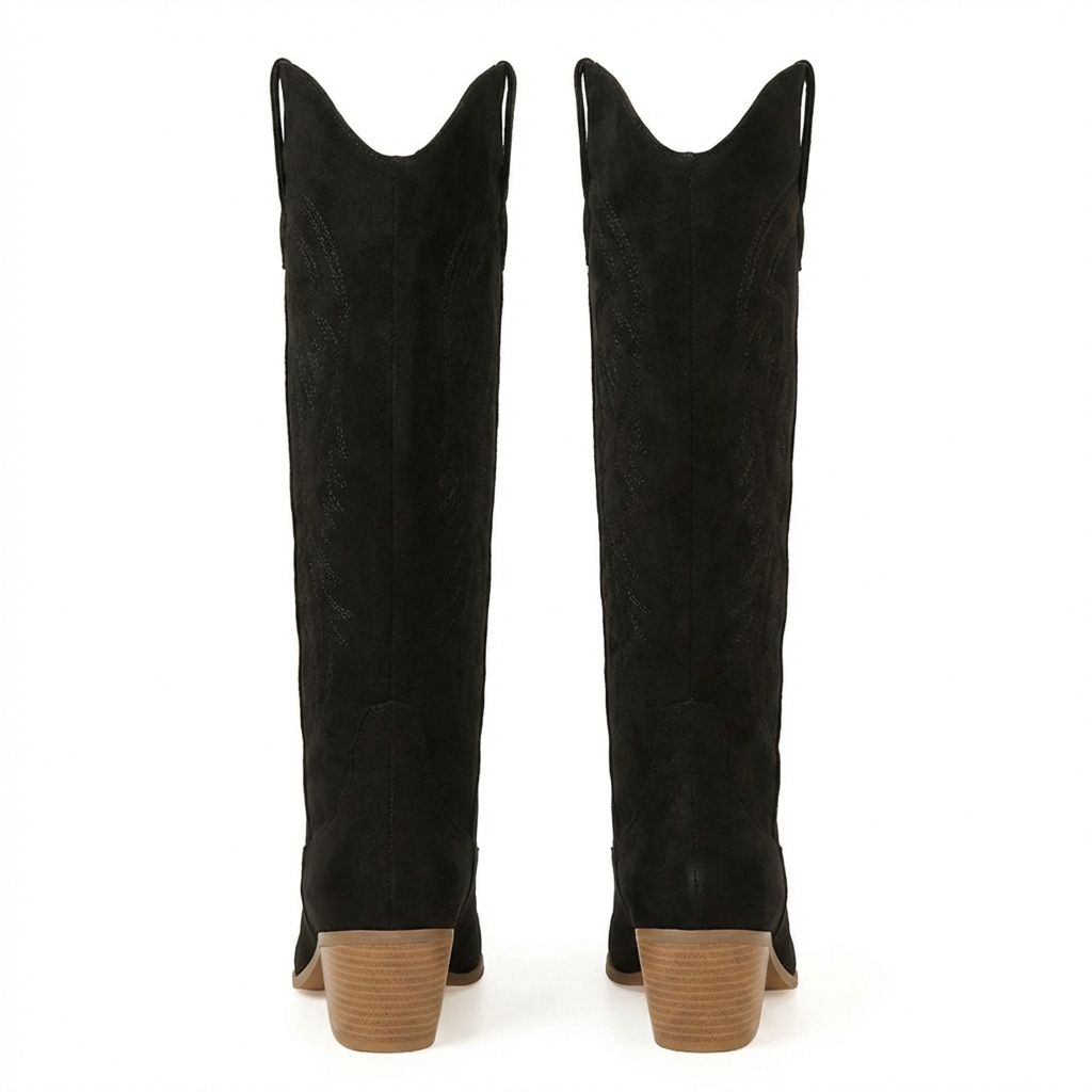 Santiag mi-haute noir Daim Synthétique Femme - Broderies western, talon compensé