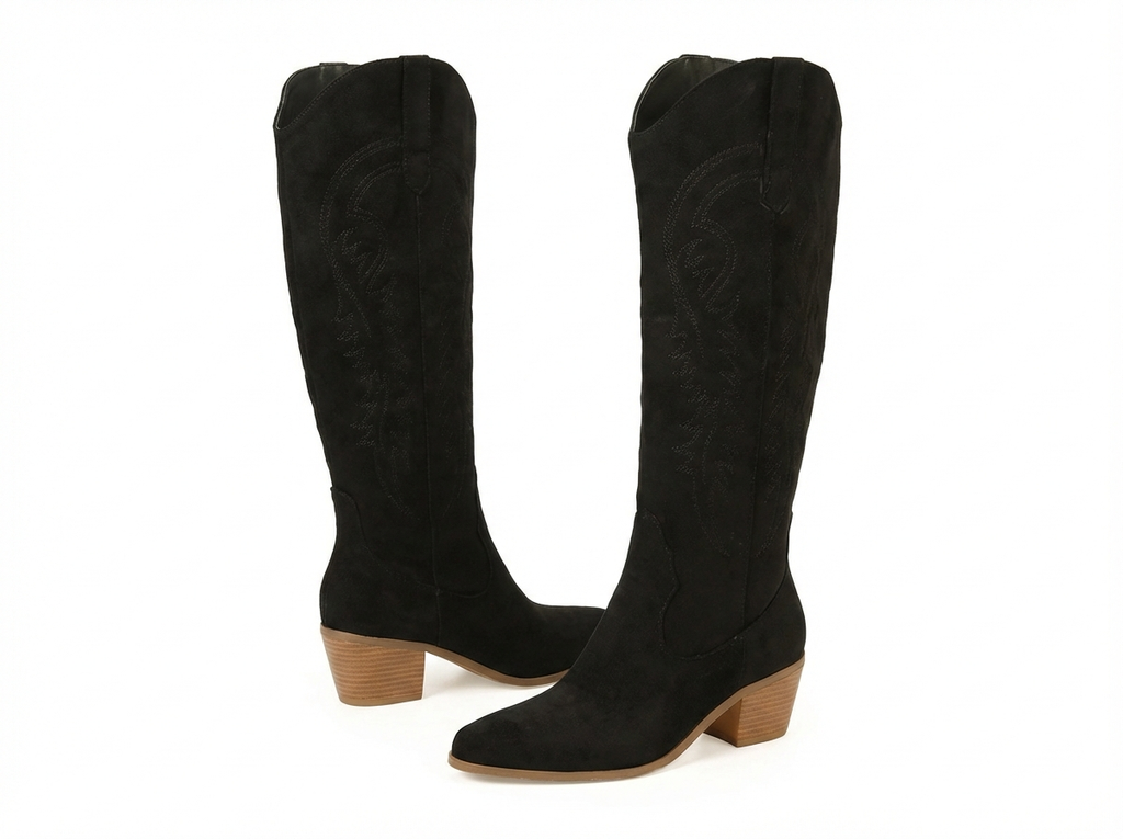 Santiag mi-haute noir Daim Synthétique Femme - Broderies western, talon compensé