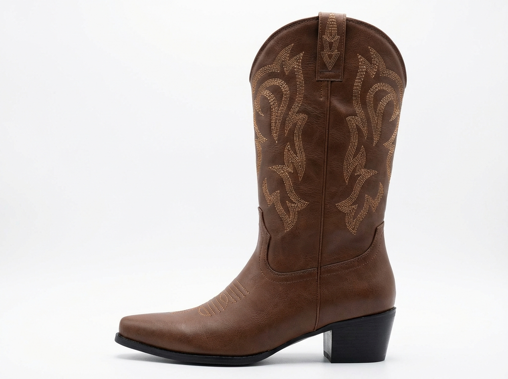 Santiag basse marron Simili Cuir Femme - Broderies western, talon carré