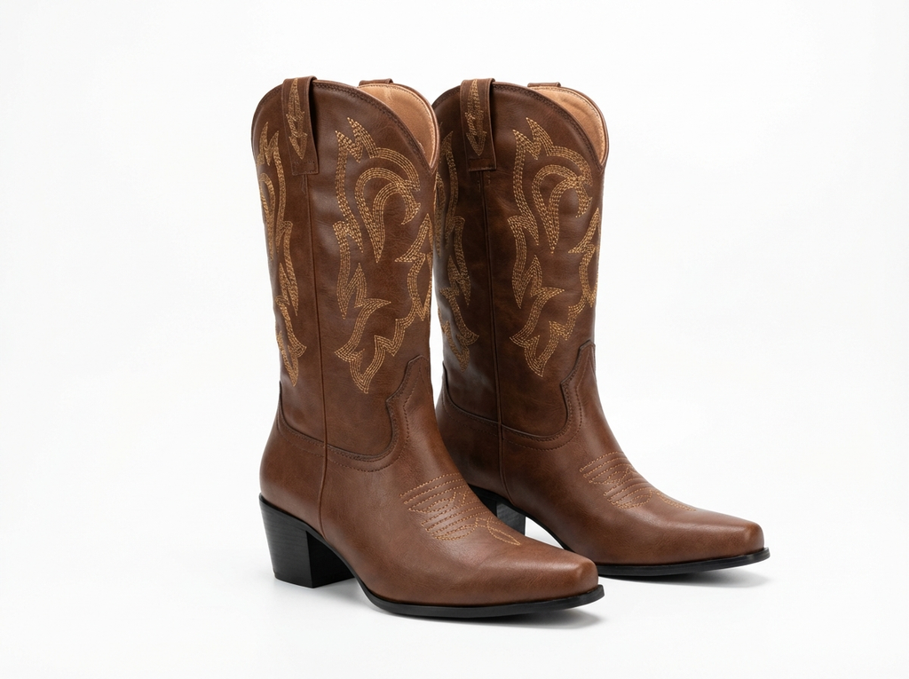 Santiag basse marron Simili Cuir Femme - Broderies western, talon carré