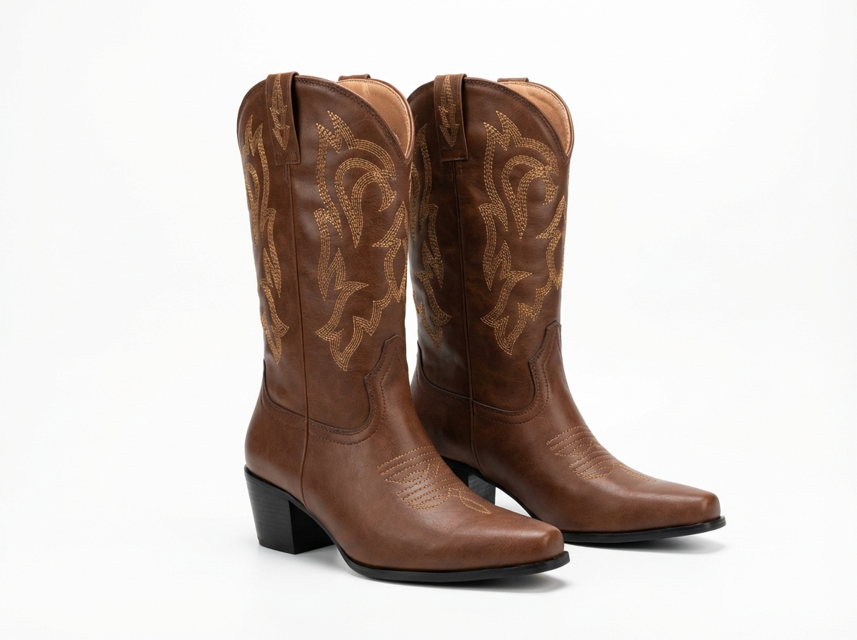 Santiag basse marron Simili Cuir Femme - Broderies western, talon carré