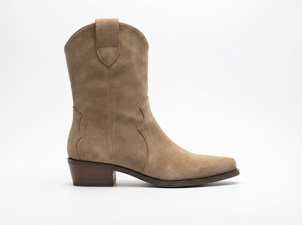 Santiag basse beige Daim Femme - Talon carré
