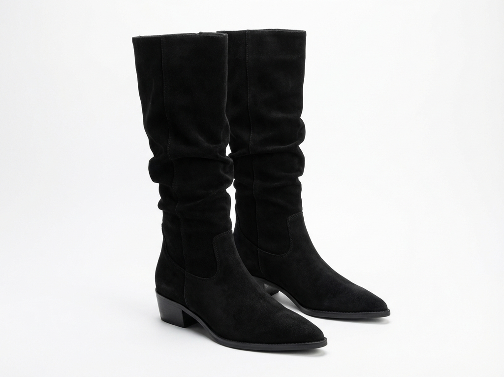 Santiag mi-haute noir Daim Femme - Effet plissé