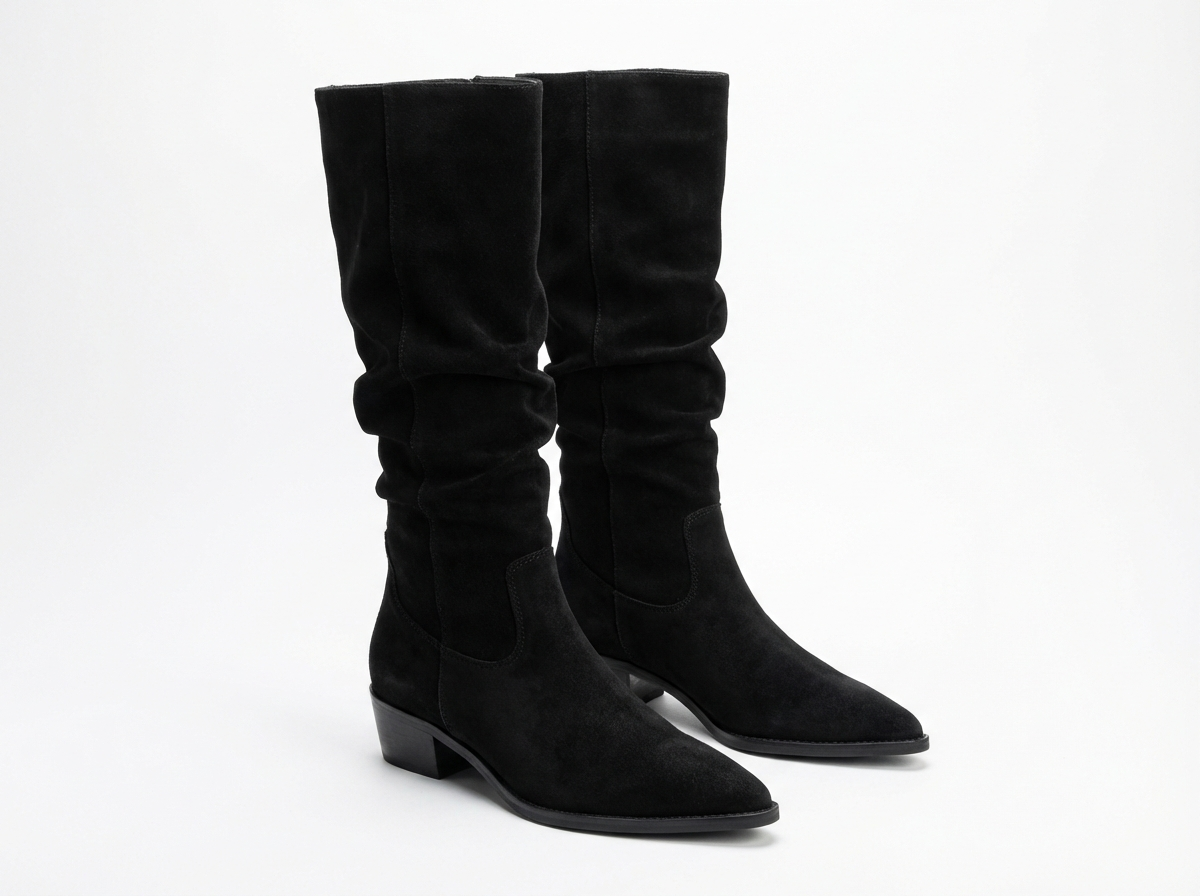 Santiag mi-haute noir Daim Femme - Effet plissé