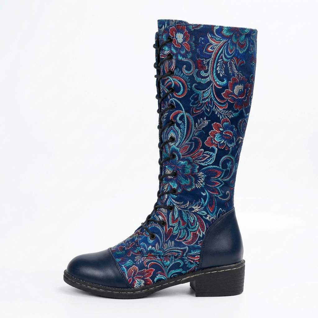 Botte haute bleu Simili Cuir Femme - Broderies florales