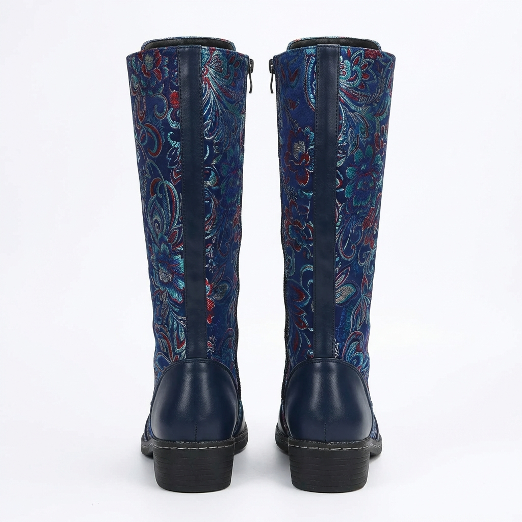 Botte haute bleu Simili Cuir Femme - Broderies florales
