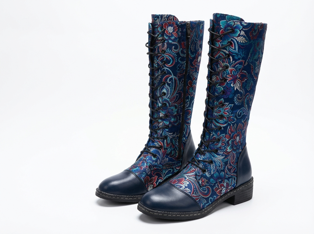 Botte haute bleu Simili Cuir Femme - Broderies florales