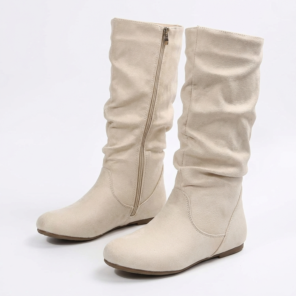 Santiag mi-haute beige Daim Synthétique Femme - Finition froissée