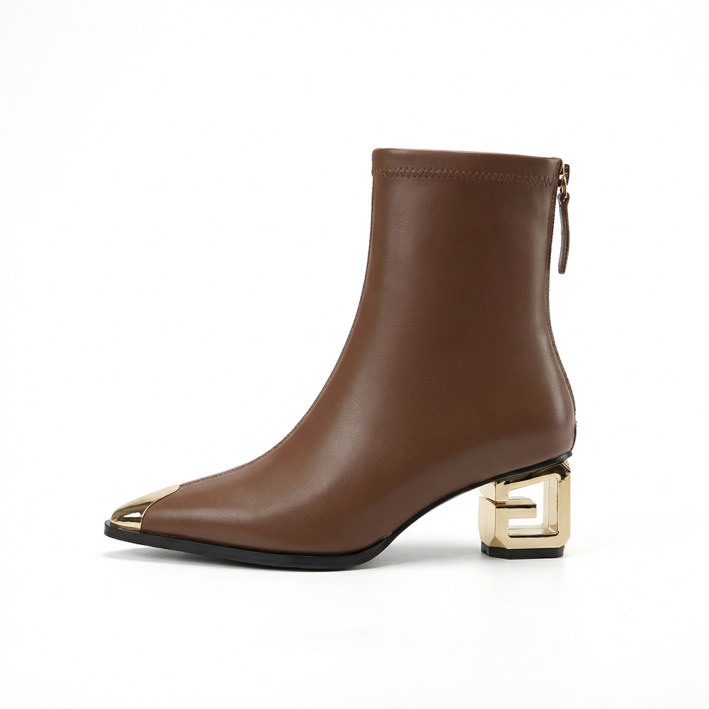 Bottine à talon marron Simili Cuir Femme - Bout pointu, talon géométrique
