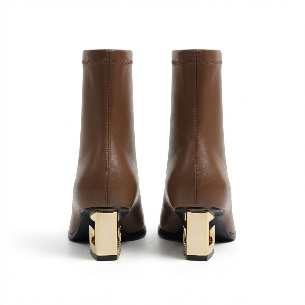 Bottine à talon marron Simili Cuir Femme - Bout pointu, talon géométrique