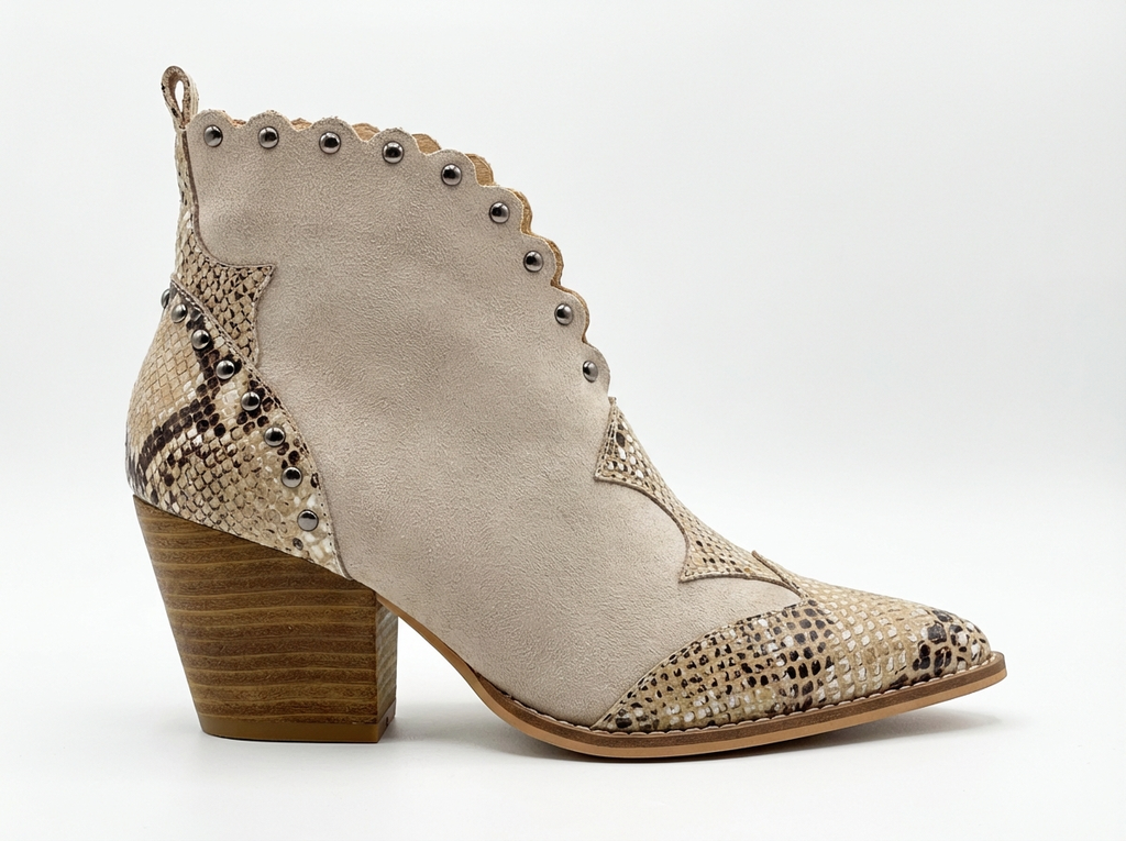 Santiag mi-haute beige Simili Cuir Femme - Motif python, clous