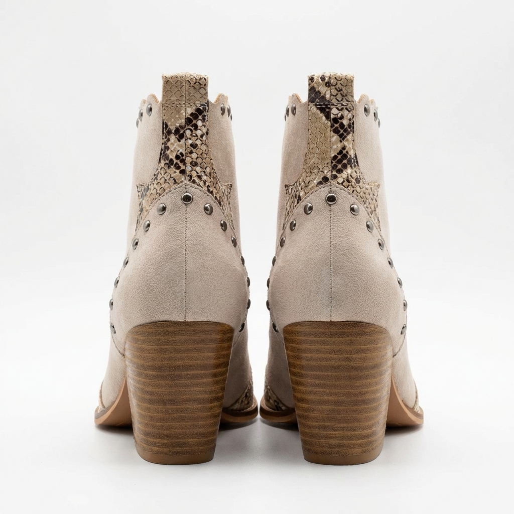 Santiag mi-haute beige Simili Cuir Femme - Motif python, clous