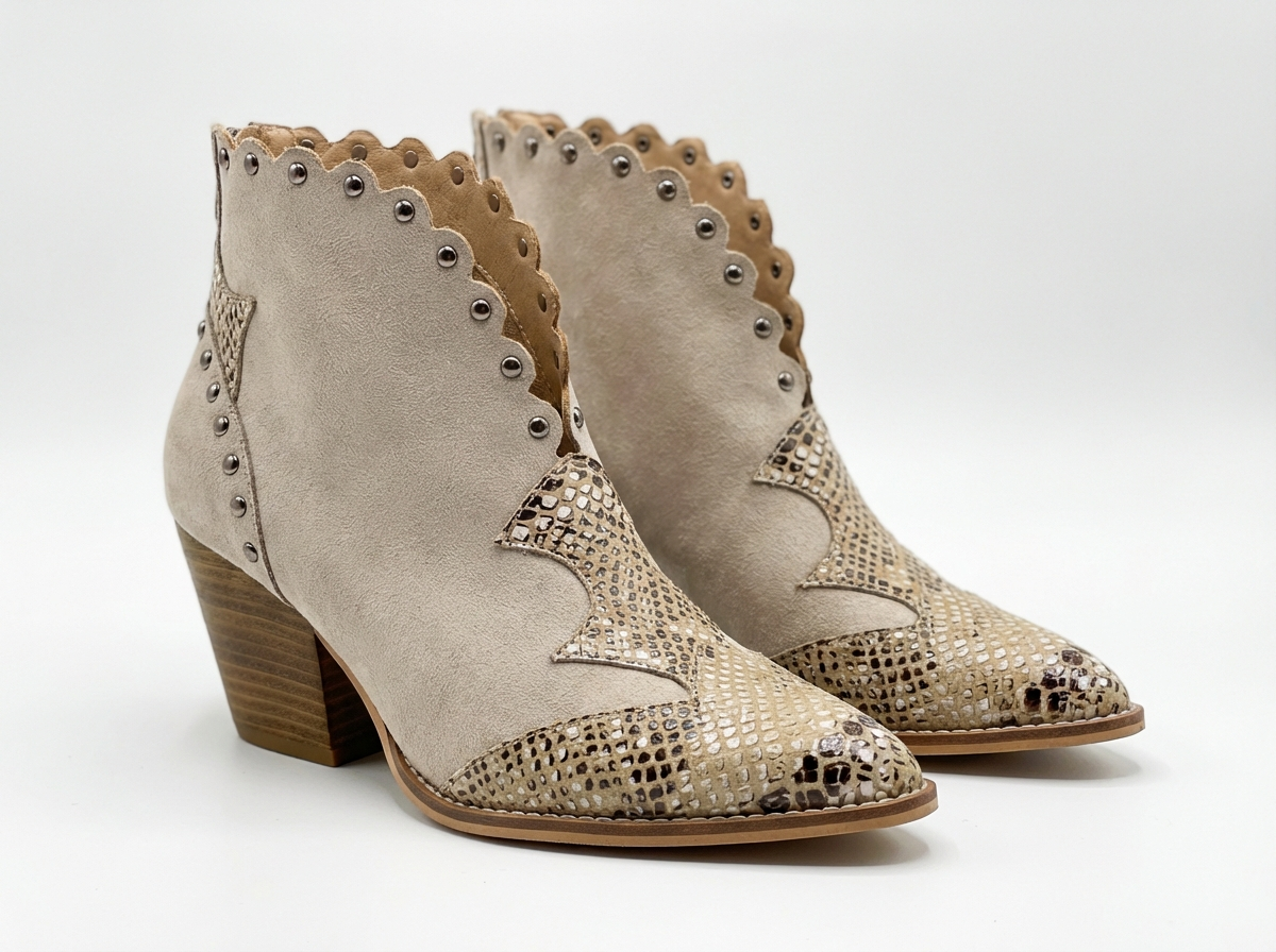 Santiag mi-haute beige Simili Cuir Femme - Motif python, clous