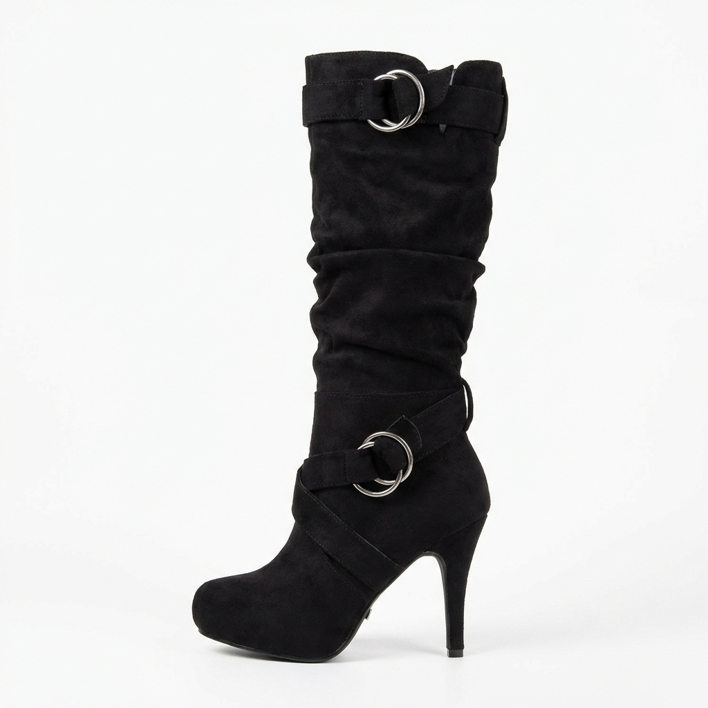 Botte haute noir Daim Femme - Bout pointu, boucles