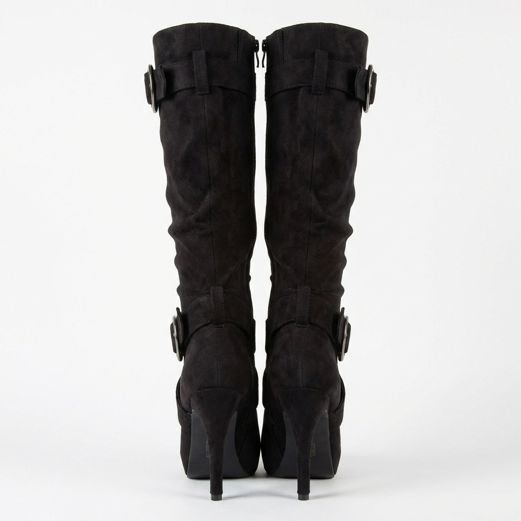 Botte haute noir Daim Femme - Bout pointu, boucles