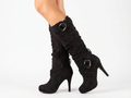 Botte haute noir Daim Femme - Bout pointu, boucles