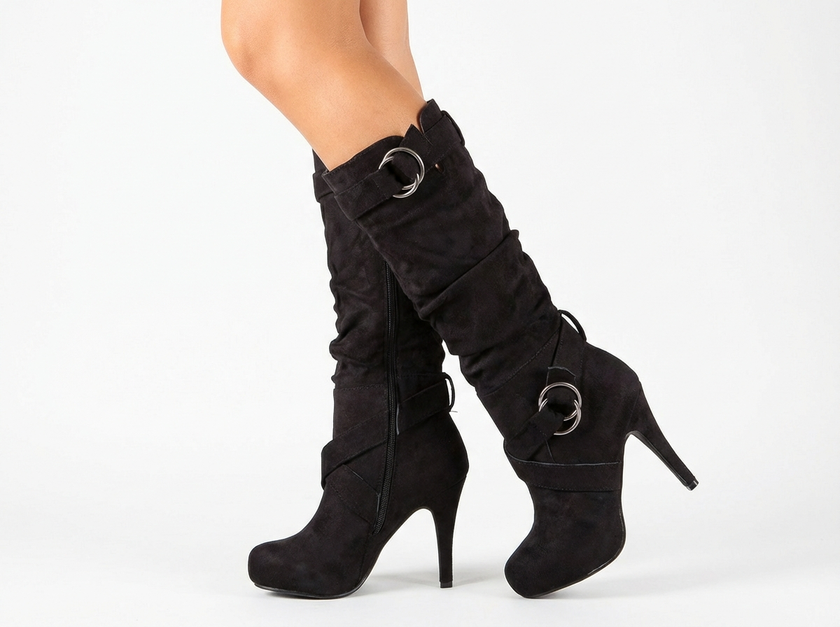 Botte haute noir Daim Femme - Bout pointu, boucles
