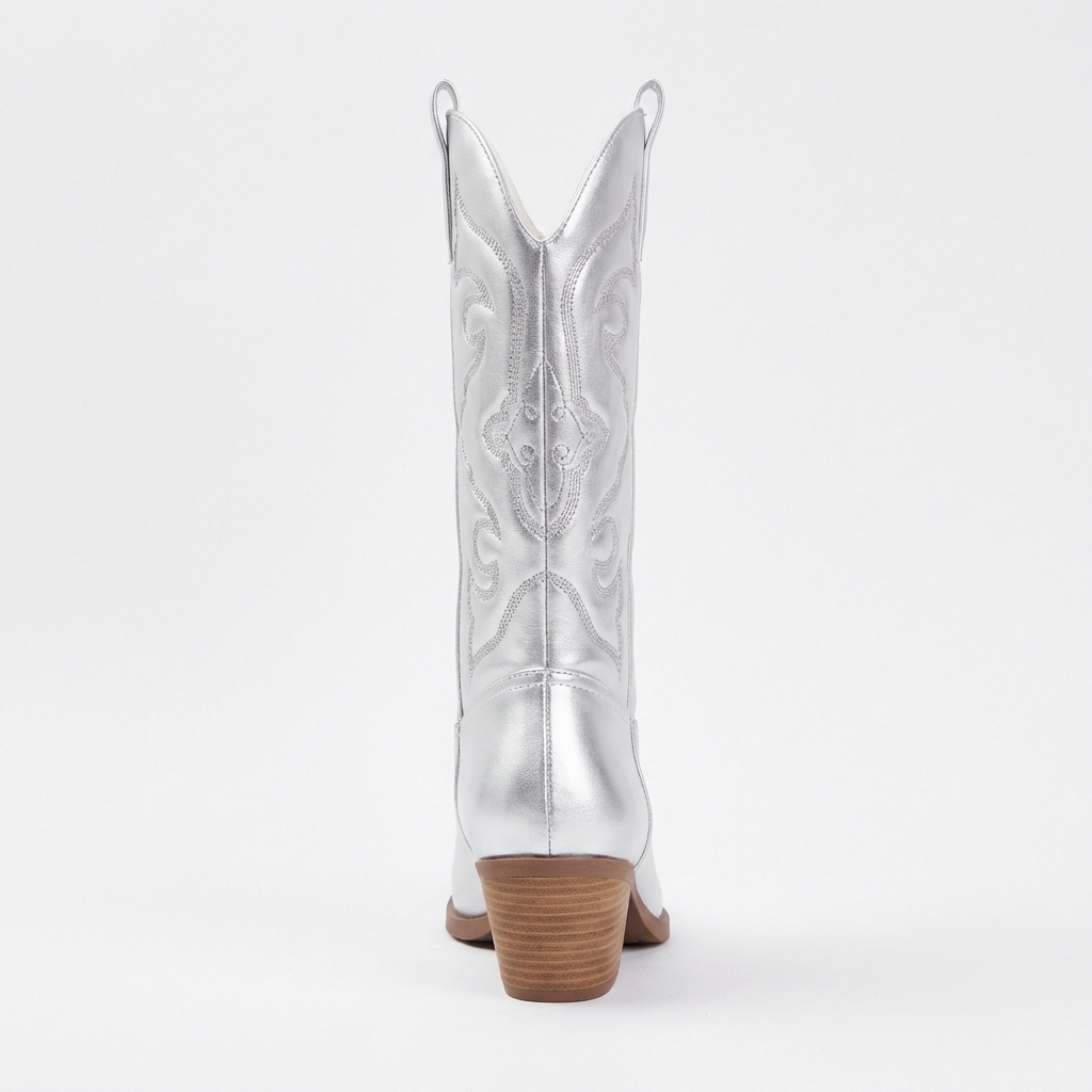 Santiag mi-haute argenté Simili Cuir Femme - Motifs western, talon biseauté