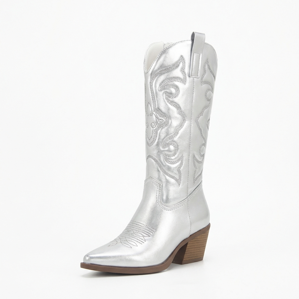 Santiag mi-haute argenté Simili Cuir Femme - Motifs western, talon biseauté