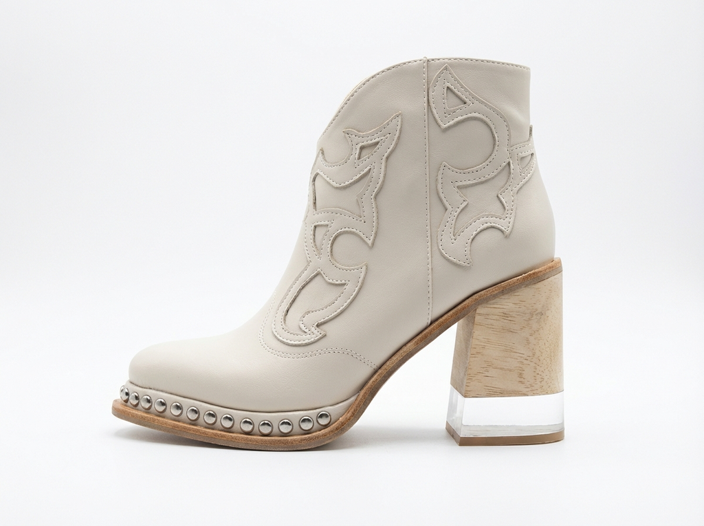 Santiag mi-haute blanc Simili Cuir Femme - Chelsea, broderies et clous