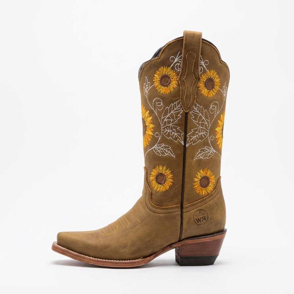 Santiag haute camel Simili Cuir Femme - Broderies tournesols