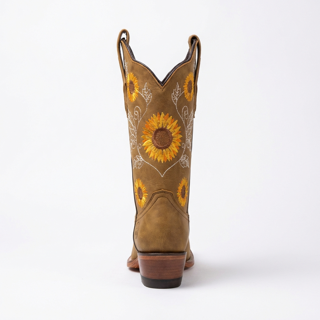 Santiag haute camel Simili Cuir Femme - Broderies tournesols