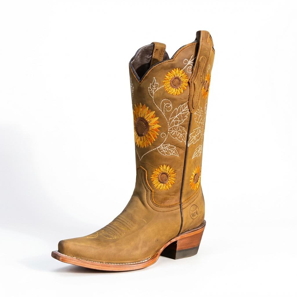 Santiag haute camel Simili Cuir Femme - Broderies tournesols