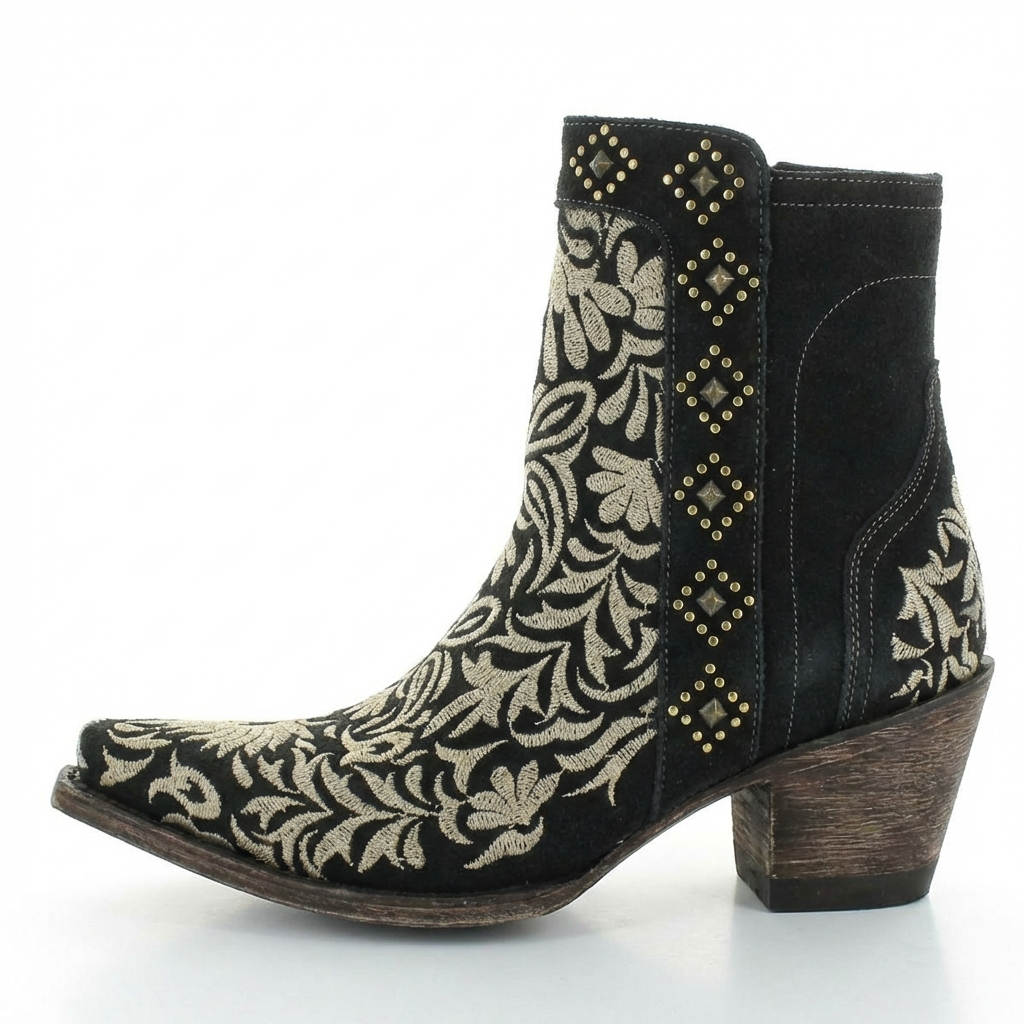Santiag mi-haute noir Synthétique Femme - Broderies florales dorées, clous