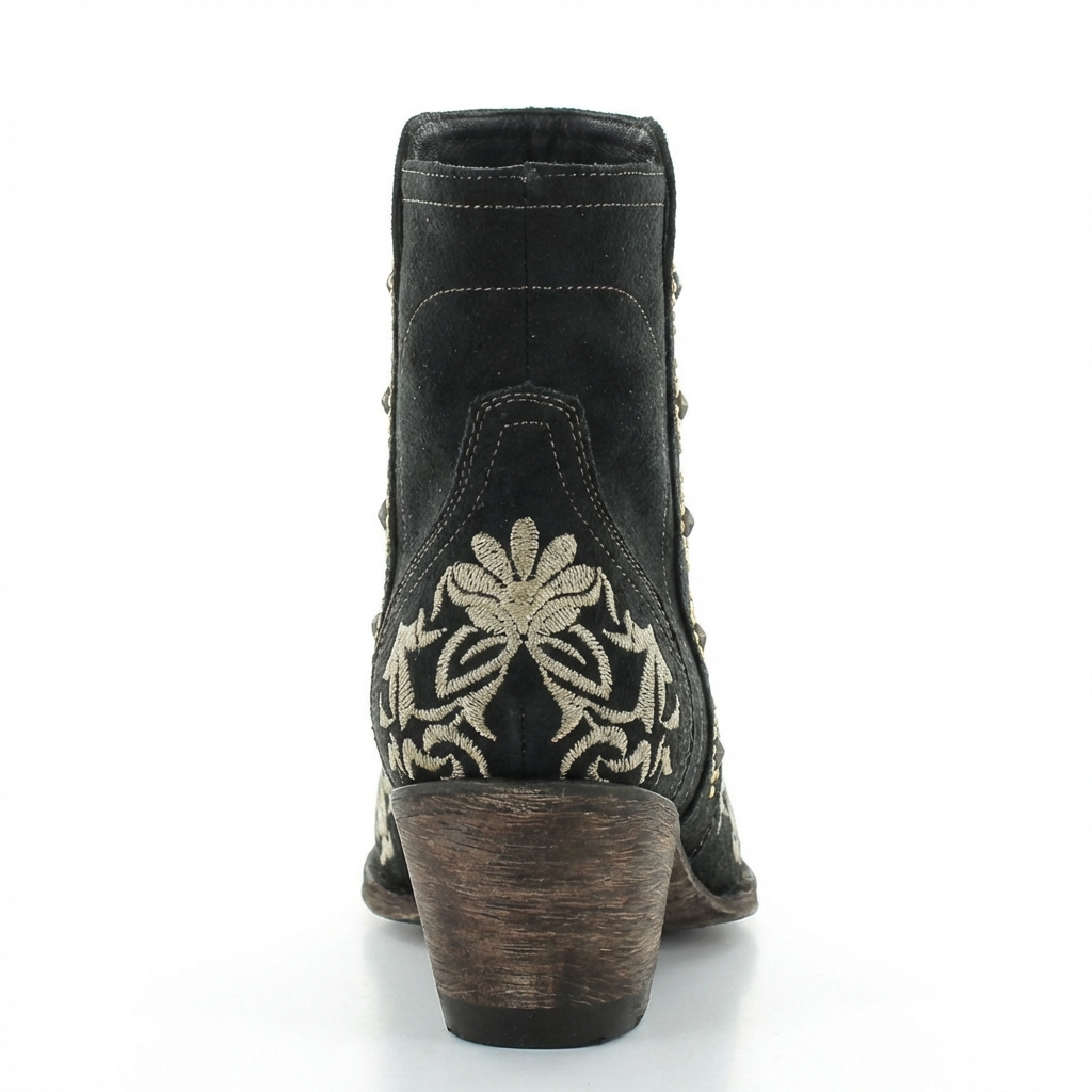 Santiag mi-haute noir Synthétique Femme - Broderies florales dorées, clous