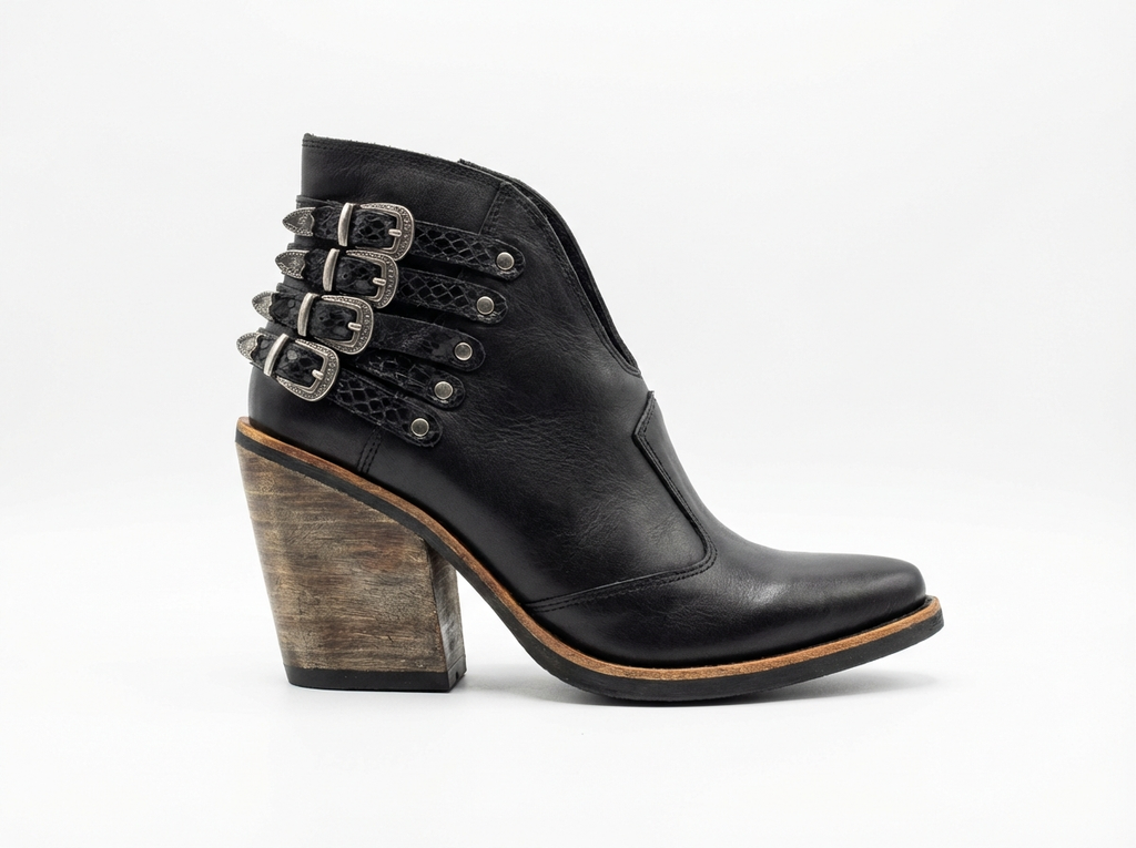 Santiag mi-haute noir Cuir Femme - Motif python, boucles argentées
