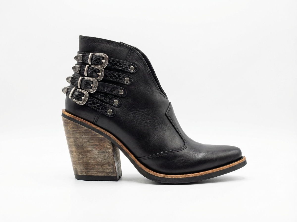 Santiag mi-haute noir Cuir Femme - Motif python, boucles argentées