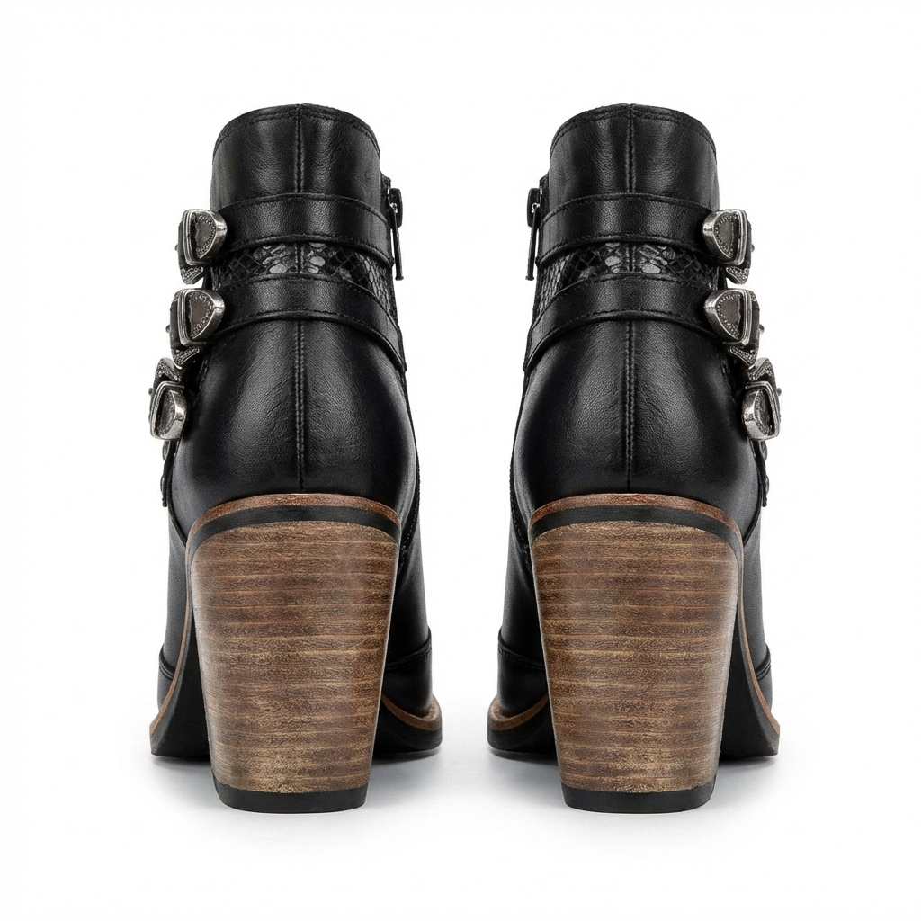 Santiag mi-haute noir Cuir Femme - Motif python, boucles argentées
