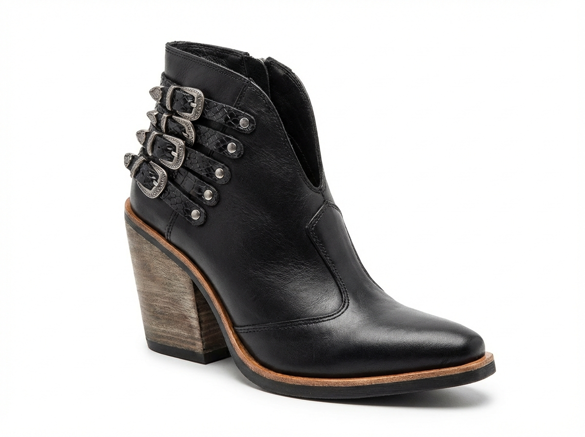 Santiag mi-haute noir Cuir Femme - Motif python, boucles argentées