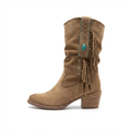 Santiag mi-haute marron clair Daim Synthétique Femme - Franges, clous, pierre