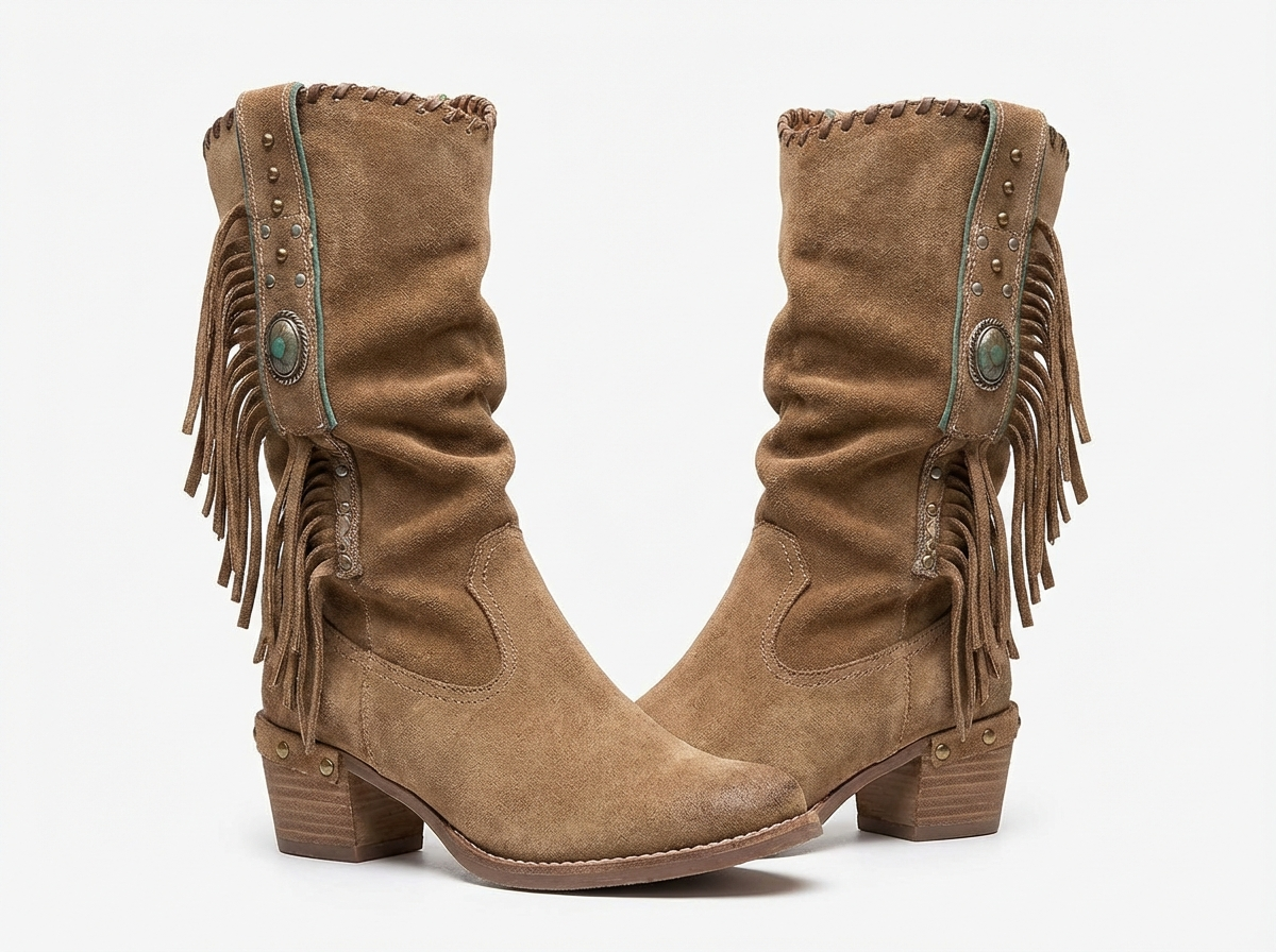 Santiag mi-haute marron clair Daim Synthétique Femme - Franges, clous, pierre