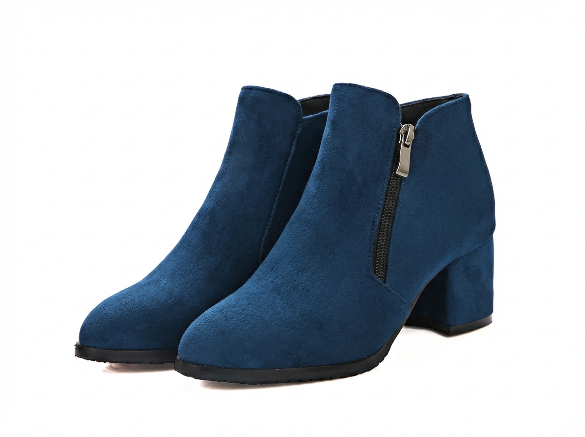 Bottine à talon bleu Daim Synthétique Femme - Zip argenté