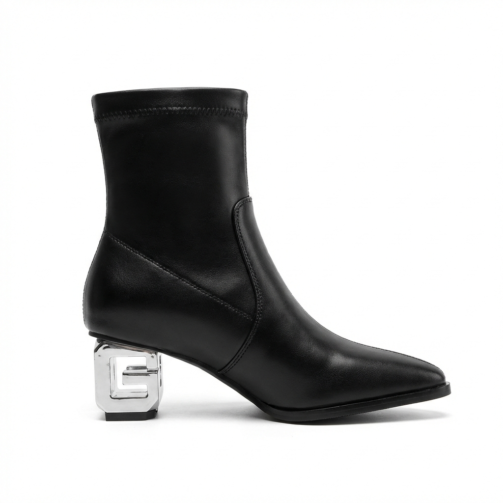 Bottine à talon noir Simili Cuir Femme - Talon géométrique métallique